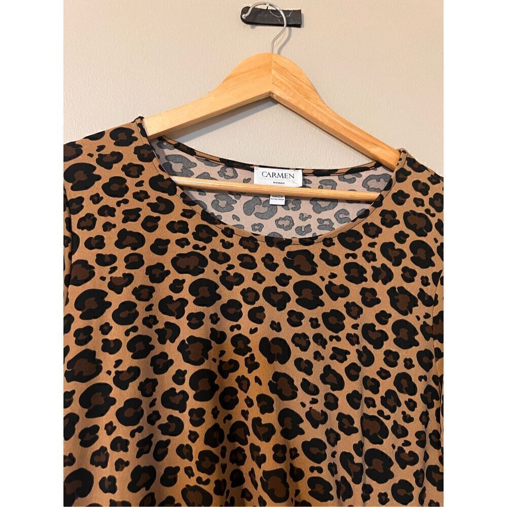 Carmen Marc Valvo 1X Leopard Print 3/4 Sleee Top Brown Tan Ruched Elevated Basic - Picture 7 of 11